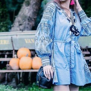 ZARA Blue Embroidered Tunic Mini Dress, S